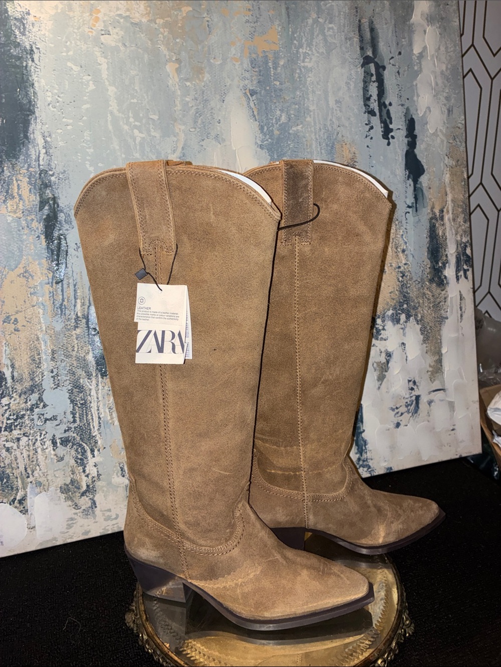 NWT ZARA Tan Suede Knee-High Heeled Boots size 7.5 MSRP $179